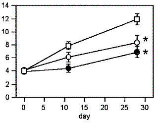 Body fat content of NZB mice fed a high-fat diet supplemented with EGCG at 0.5% (open circles) or 1% (closed circles). Control values are presented as open squares.