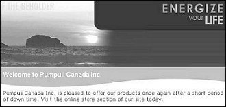 Website van Pumpuii Energy Products op www.pumpuii.com. Het licht is aan - maar er is niemand thuis.
