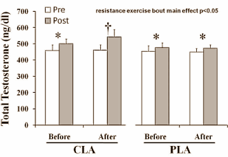 Bodybuilders die elke dag 6 gr CLA slikken maken meer testosteron aan. Dat blijkt uit een kleine Italiaanse humane studie die in 2012 verscheen in de Journal of Strength and Conditioning Research.