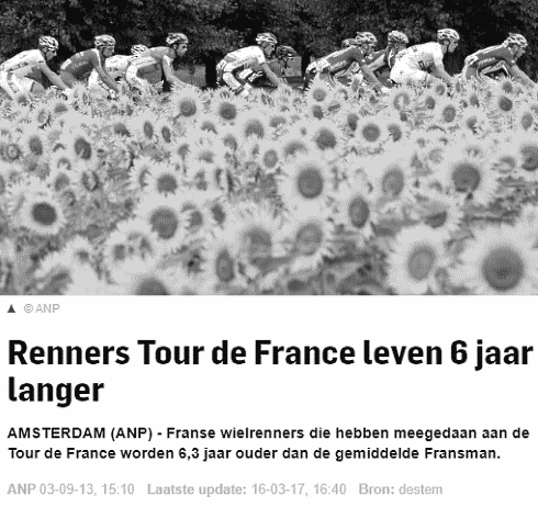 Als je afgaat op wat we ondertussen weten over het dopinggebruik tijdens de Tour de France zou je verwachten dat deelnemers aan de Tour eerder het tijdelijke voor het eeuwige verwisselen dan gewone mannen. Maar volgens onderzoekers van Paris Descartes University is dat juist niet het geval. Volgens hun epidemiologische studie, die binnenkort verschijnt in European Heart Journal, leven wielrenners die meedoen aan de Tour de France maar liefst 6.3 jaar langer dan doorsnee-mannen.