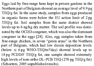 Het is natuurlijk een goede zaak dat steeds meer Nederlanders en Belgen van bioindustrie-eieren overstappen op eieren van vrije uitloopkippen. Maar als je veel eierdooiers eet, dan zijn die eieren misschien niet goed voor je. Dat blijkt uit publicaties van Nederlandse en Vlaamse onderzoekers over dioxines en dioxine-achtige PCBS's. De concentraties van die stoffen in eieren van vrije uitloopkippen zijn hoog - en soms zelfs schrikbarend hoog.